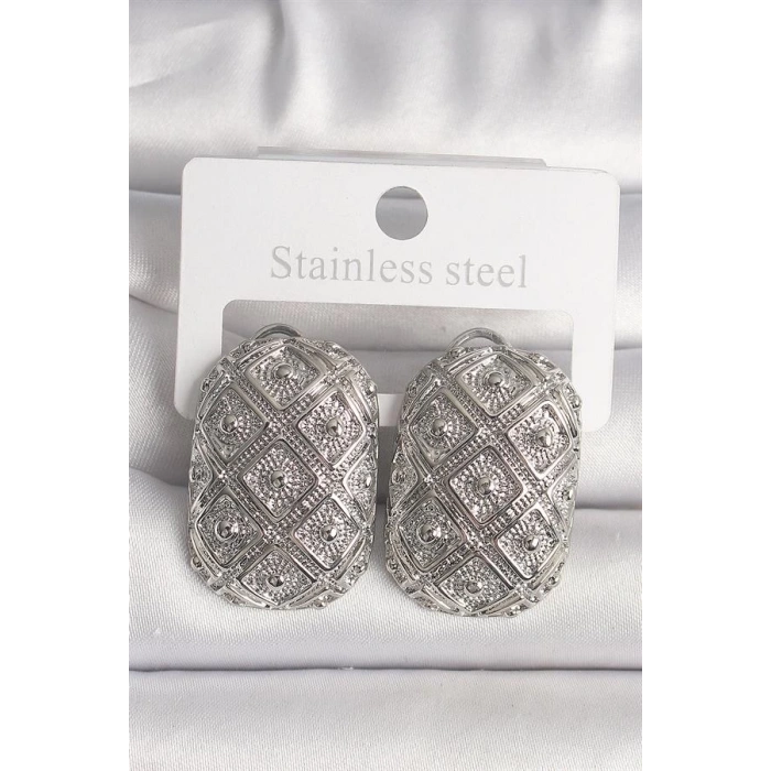 Pirinç Gümüş Renk Motif İşlemeli Kadın Küpe