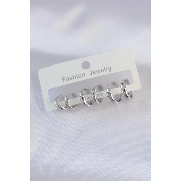 Pirinç Gümüş Renk Oval Bombeli Küpe Seti