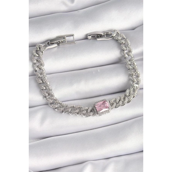 Pirinç Gümüş Renk Pembe Kare Zirkon Taşlı VIP Seri Kadın Bileklik