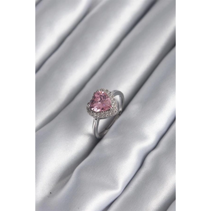 Pirinç Gümüş Renk Pembe Zirkon Taş Kalp Charm Model Kadın Yüzük