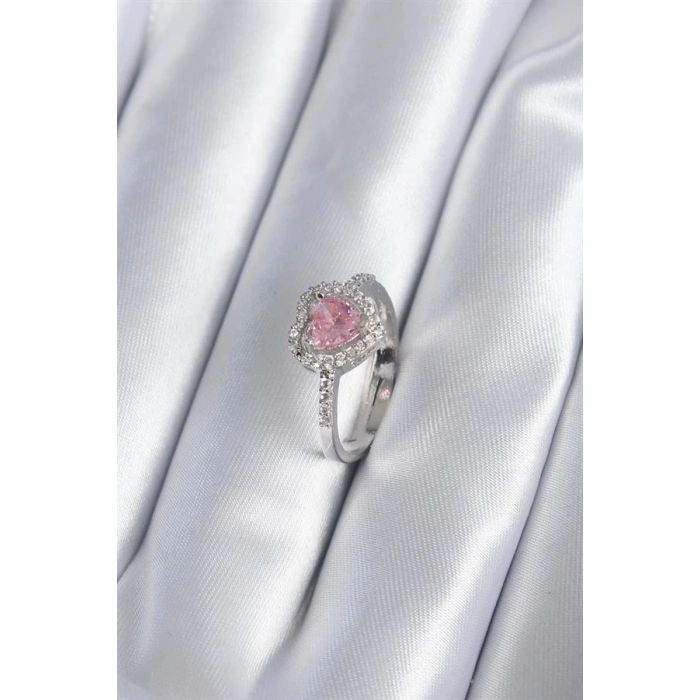 Pirinç Gümüş Renk Pembe Zirkon Taş Kalp Charm Model Kadın Yüzük