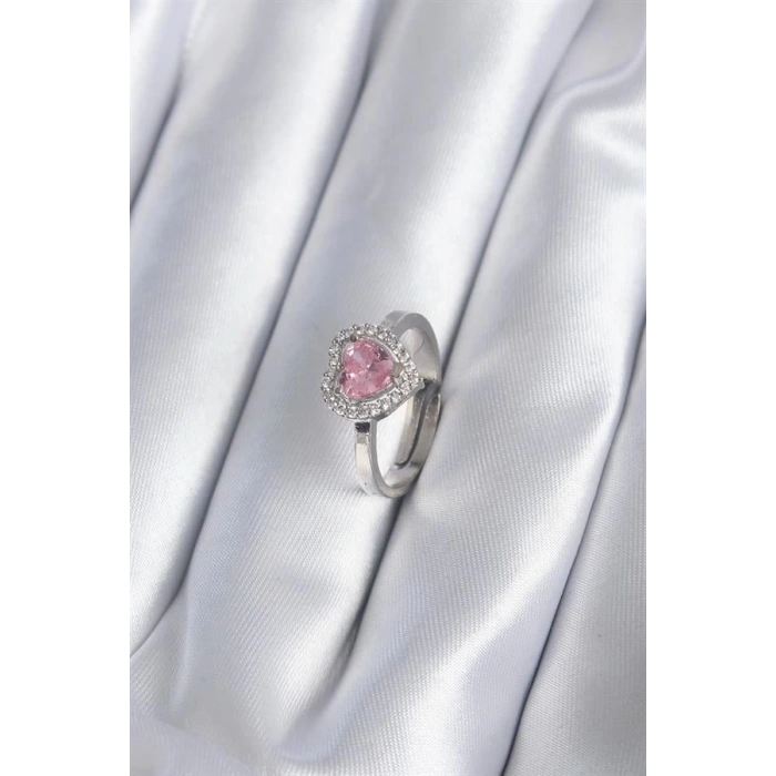 Pirinç Gümüş Renk Pembe Zirkon Taşlı Charm Model Kadın Yüzük