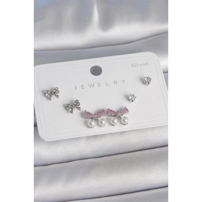 Pirinç Gümüş Renk Pembe Zirkon Taşlı Kurdele Model İnci Detay 925 Ayar Gümüş Çivi Kadın Küpe Seti