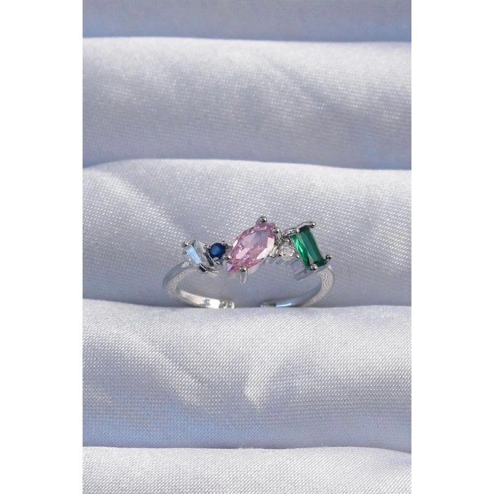 Pirinç Gümüş Renk Renkli Zirkon Taşlı Ayarlanabilir Yüzük