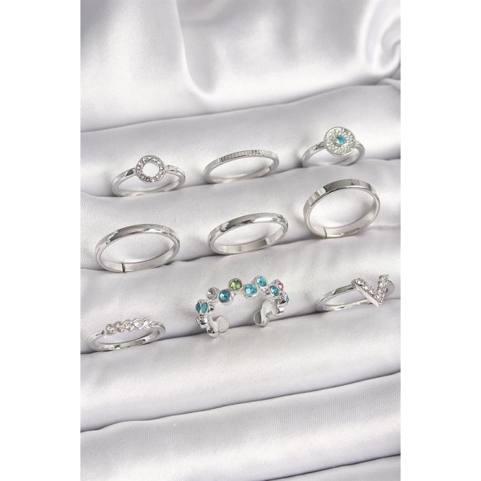 Pirinç Gümüş Renk Renkli Zirkon Taşlı Kadın Yüzük Kombini