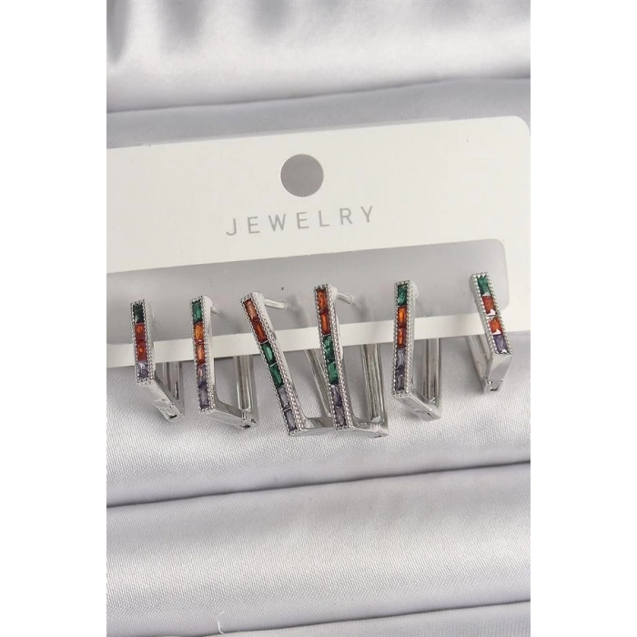 Pirinç Gümüş Renk Renkli Zirkon Taşlı Kare Model Kadın Küpe Seti