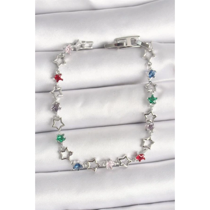 Pirinç Gümüş Renk Renkli Zirkon Taşlı Yıldız Model Kadın Bileklik