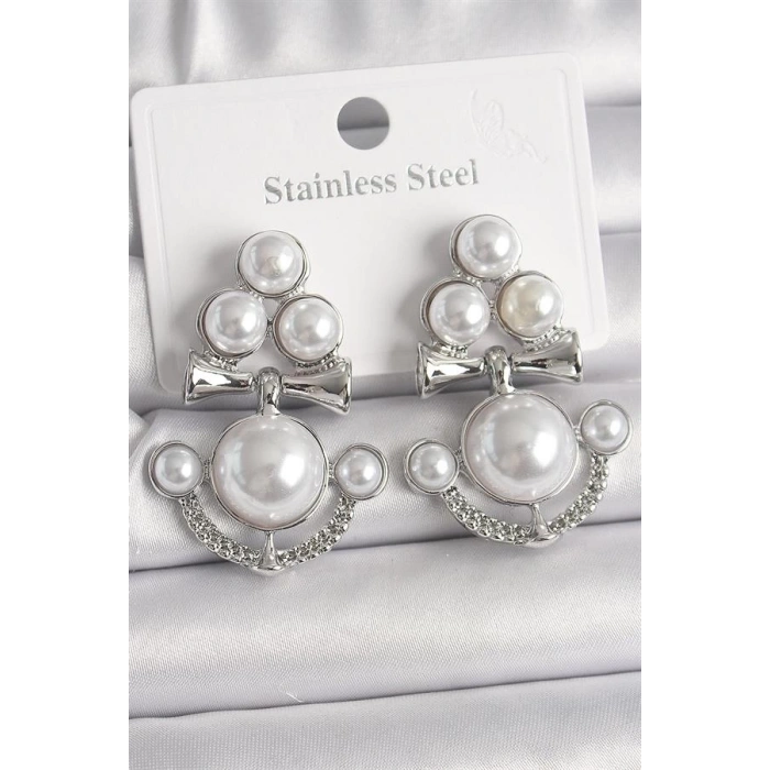 Pirinç Gümüş Renk Sallantı İncili Çapa Model Kadın Küpe