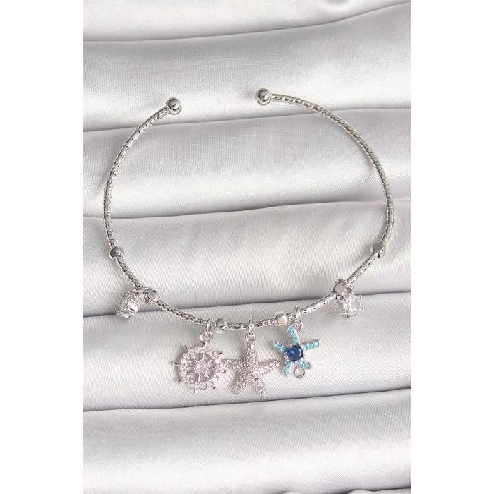 Pirinç Gümüş Renk Sallantı Zirkon Taşlı Deniz Yıldız Figür Charm Kadın Bileklik