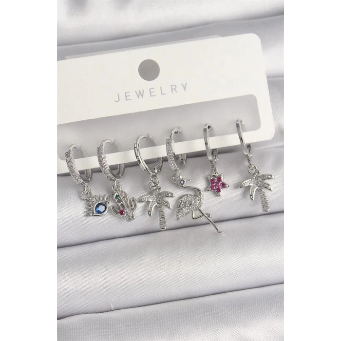 Pirinç Gümüş Renk Sallantı Zirkon Taşlı Deve Kuşu Figür Çoklu Kadın Küpe Seti