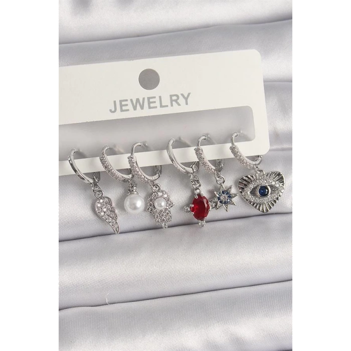 Pirinç Gümüş Renk Sallantı Zirkon Taşlı Fatma Ana El Figür Kadın Küpe Seti