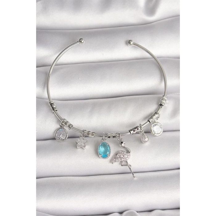 Pirinç Gümüş Renk Sallantı Zirkon Taşlı Filaminga Figür Charm Kadın Bileklik