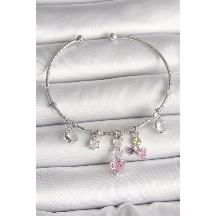 Pirinç Gümüş Renk Sallantı Zirkon Taşlı Kalp Figür Charm Kadın Bileklik