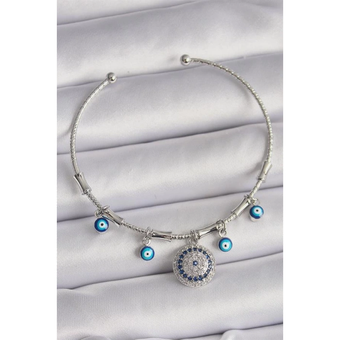 Pirinç Gümüş Renk Sallantı Zirkon Taşlı Nazar Boncuk Figür Charm Bileklik