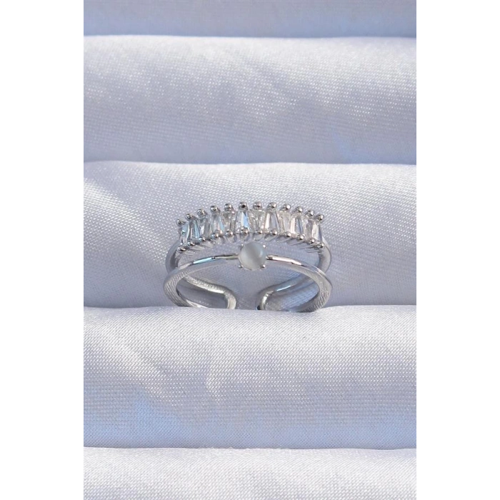 Pirinç Gümüş Renk Sedefli Zirkon Taşlı Su Yolu Model 2li Görünüm Ayarlanabilir Yüzük