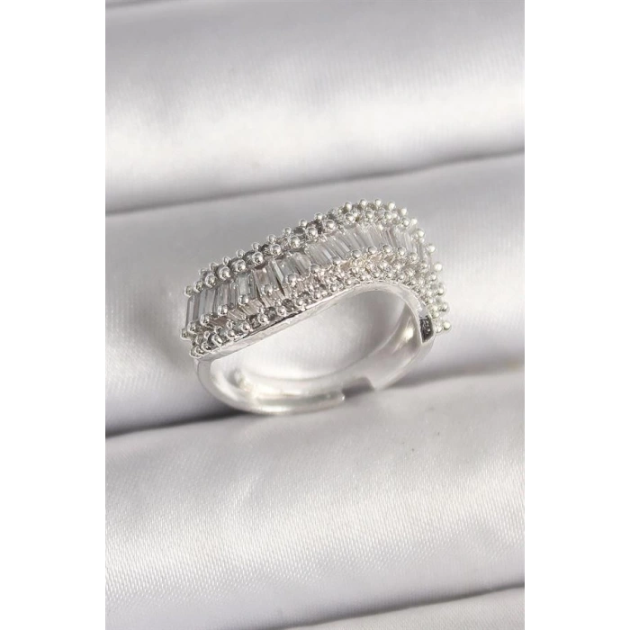 Pirinç Gümüş Renk Su Yolu Zirkon Dalga Model Ayarlanabilir Kadın Yüzük