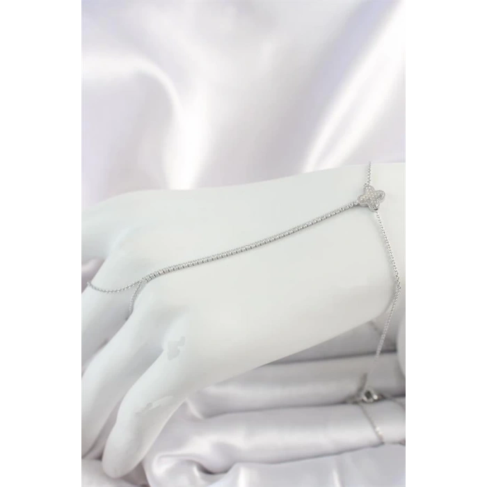 Pirinç Gümüş Renk Su Yolu Zirkon Taşlı İşlemeli Yonca Model Kadın Şahmeran