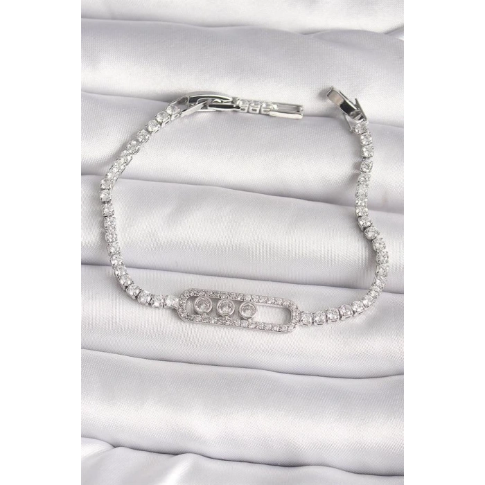 Pirinç Gümüş Renk Su Yolu Zirkon Taşlı Messika Model Kadın Bileklik