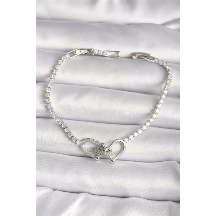 Pirinç Gümüş Renk Su Yolu Zirkon Taşlı Model Kadın Bileklik