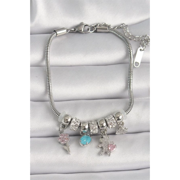 Pirinç Gümüş Renk Zincir Sallantı Zirkon Taşlı Ayıcık Figür Çiçek Detay Kadın Bileklik