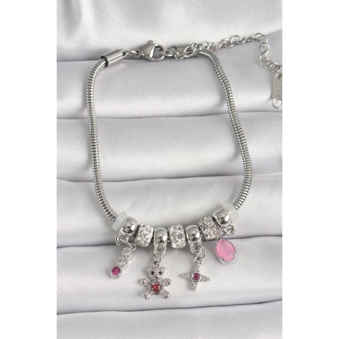 Pirinç Gümüş Renk Zincir Sallantı Zirkon Taşlı Ayıcık Figür Yıldız Detay Kadın Bileklik