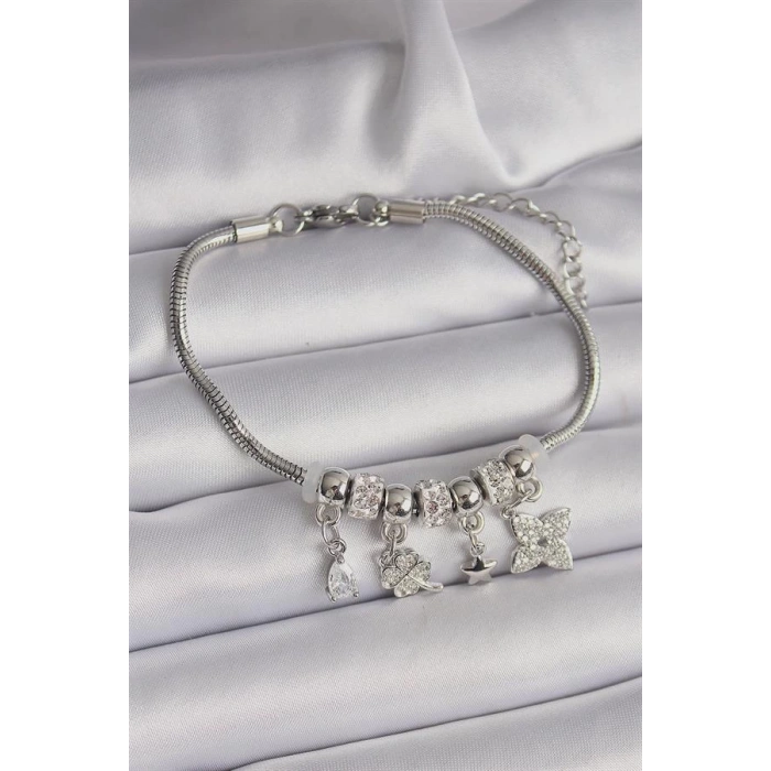 Pirinç Gümüş Renk Zincir Sallantı Zirkon Taşlı Yonca Figür Charm Bileklik