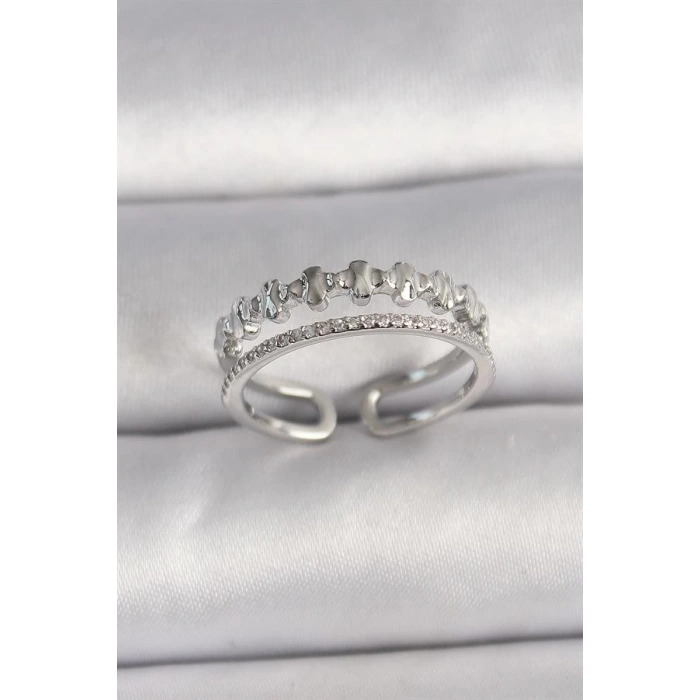 Pirinç Gümüş Renk Zirkon Taş Detaylı Ayarlanabilir Kadın Yüzük