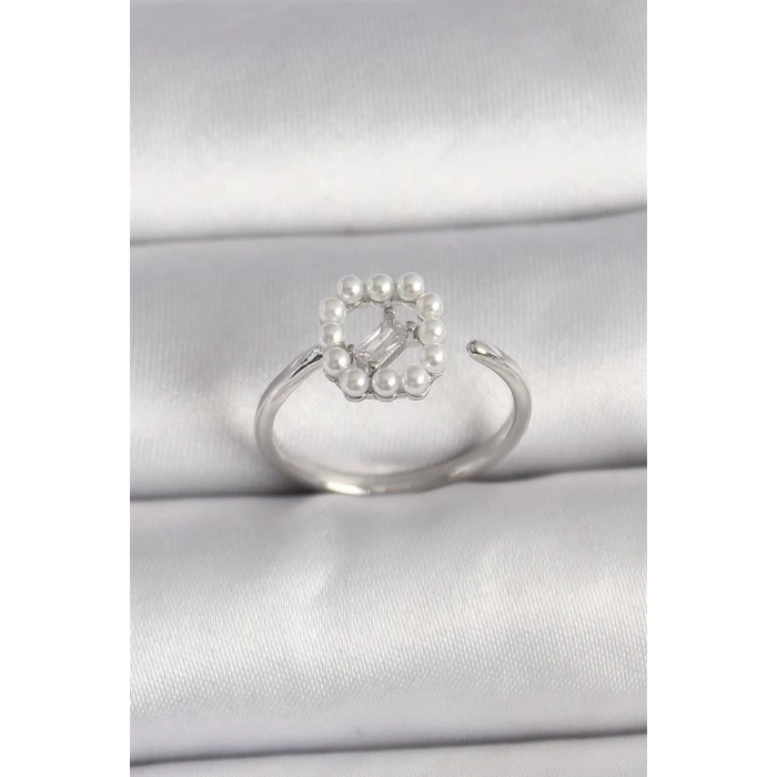 Pirinç Gümüş Renk Zirkon Taş Detaylı İncili Ayarlanabilir Yüzük