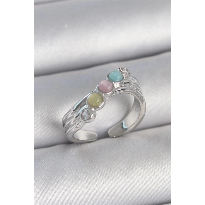 Pirinç Gümüş Renk Zirkon Taş Detaylı Renkli Mineli Ayarlanabilir Kadın Yüzük