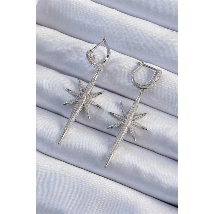 Pirinç Gümüş Renk Zirkon Taş Kaplama Kutup Yıldızı Tasarımlı Kadın Küpe