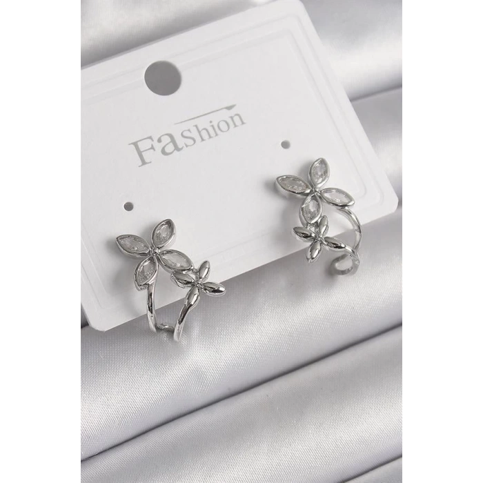 Pirinç Gümüş Renk Zirkon Taşlı 2Li Çiçek Model Kadın Küpe