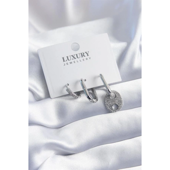 Pirinç Gümüş Renk Zirkon Taşlı 3lü Kadın Küpe Seti