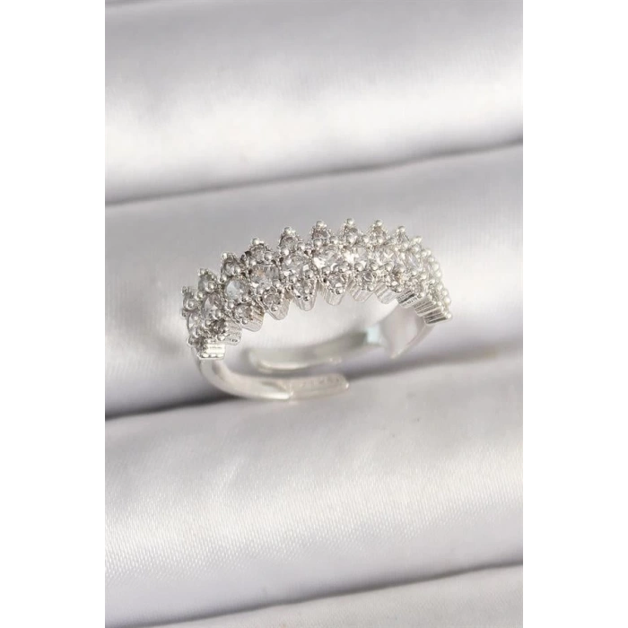 Pirinç Gümüş Renk Zirkon Taşlı Ayarlanabilir Kadın Yüzük