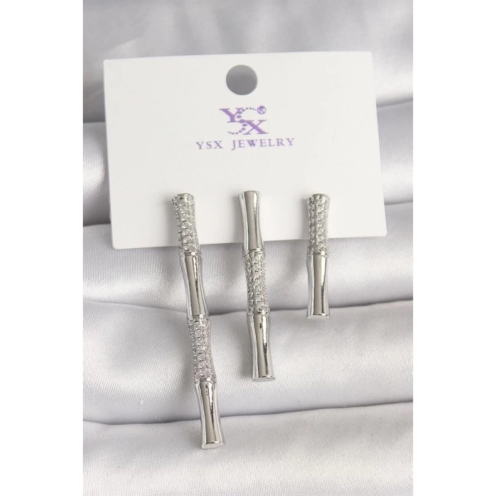 Pirinç Gümüş Renk Zirkon Taşlı Bambu Model 3Lü Kadın Kombin Küpe