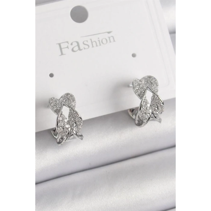 Pirinç Gümüş Renk Zirkon Taşlı Burgu Model Kadın Küpe