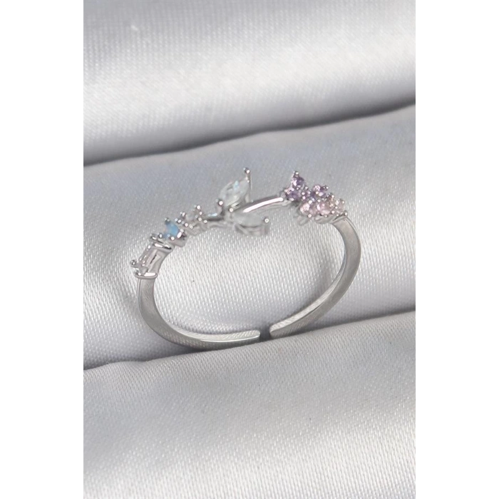 Pirinç Gümüş Renk Zirkon Taşlı Çiçek Model Ayarlanabilir Kadın Yüzük