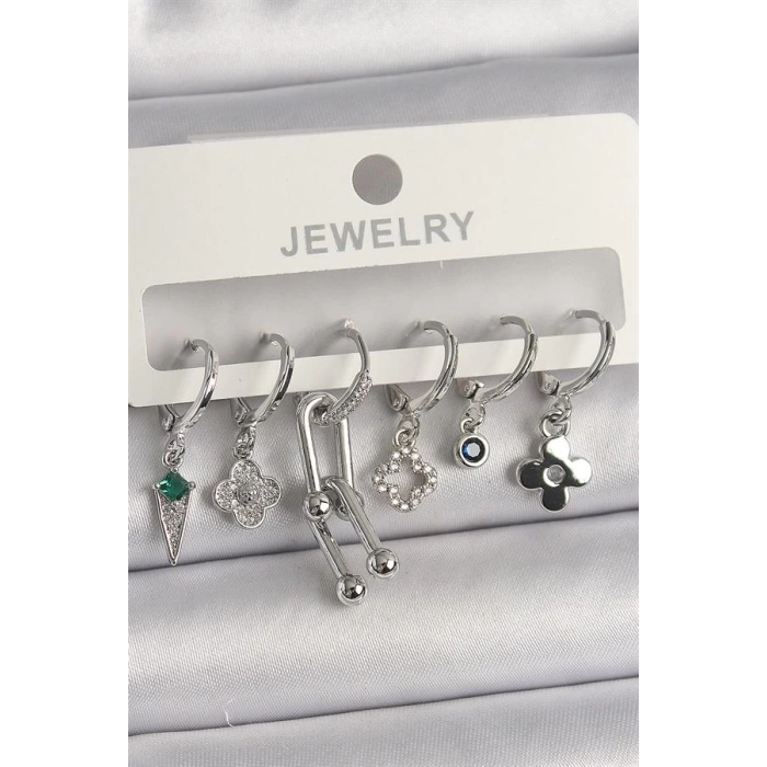 Pirinç Gümüş Renk Zirkon Taşlı Çoklu Figür Kadın Küpe Seti