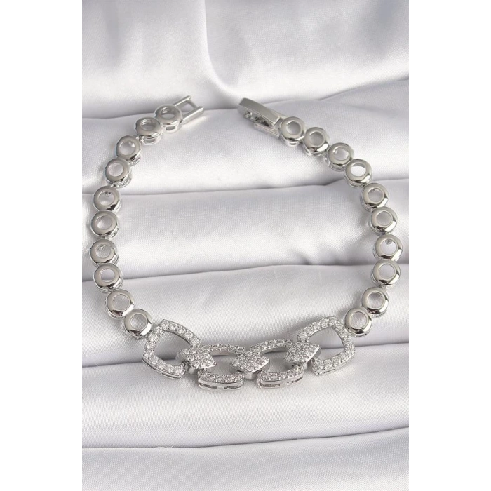 Pirinç Gümüş Renk Zirkon Taşlı Daire Zincir Model Kadın Bileklik