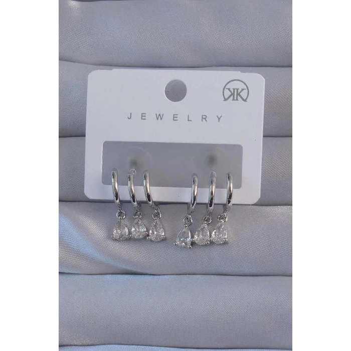 Pirinç Gümüş Renk Zirkon Taşlı Damla Model Çoklu Görünüm Yarım Halka Küpe