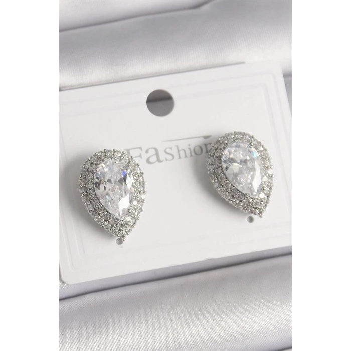 Pirinç Gümüş Renk Zirkon Taşlı Damla Model Kadın Küpe