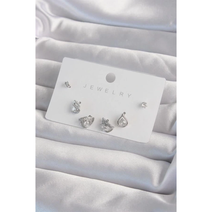 Pirinç Gümüş Renk Zirkon Taşlı Damla Model Küpe Seti