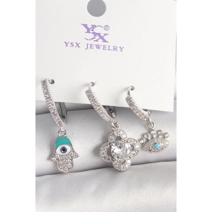 Pirinç Gümüş Renk Zirkon Taşlı Fatma Ana Yonca Figür Göz Detay 3Lü Kadın Kombin Küpe