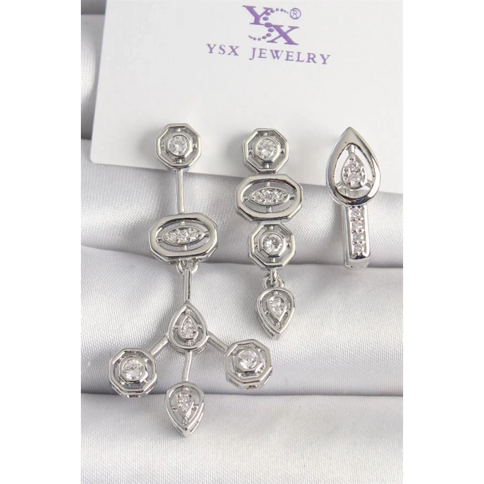 Pirinç Gümüş Renk Zirkon Taşlı Geometrik Model 3Lü Kadın Kombin Küpe