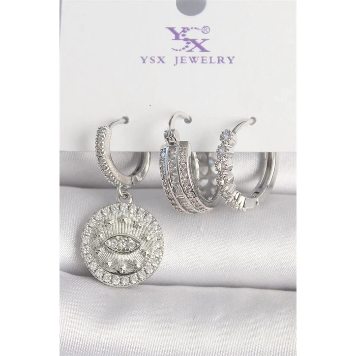 Pirinç Gümüş Renk Zirkon Taşlı Göz İşlemeli Halka Model 3Lü Kadın Kombin Küpe