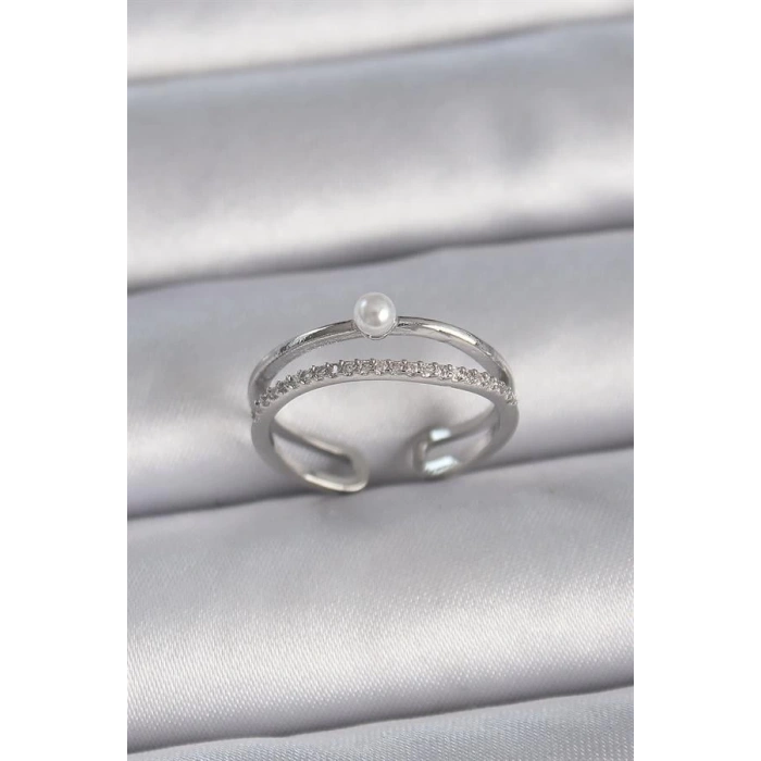 Pirinç Gümüş Renk Zirkon Taşlı İnci Detay Ayarlanabilir Model Kadın Yüzük