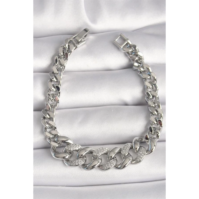 Pirinç Gümüş Renk Zirkon Taşlı Kalın Halka Model Kadın Bileklik