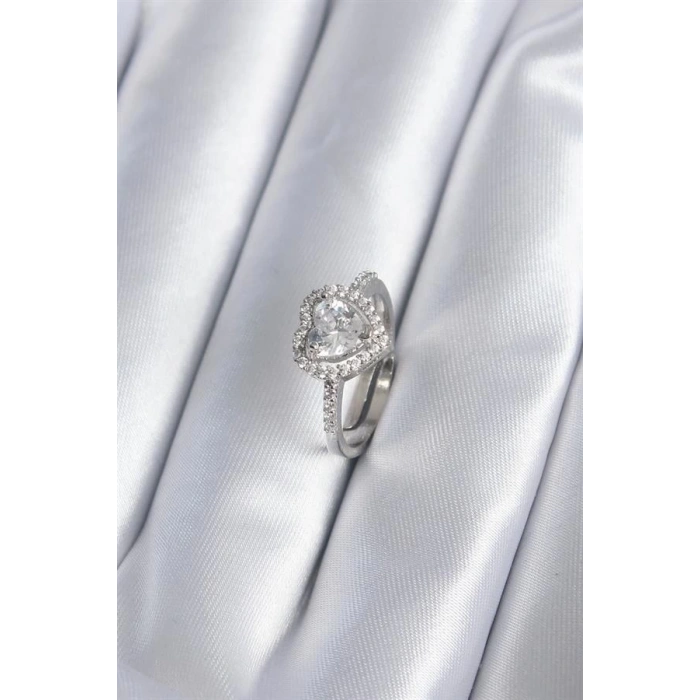 Pirinç Gümüş Renk Zirkon Taşlı Kalp Charm Model Kadın Yüzük