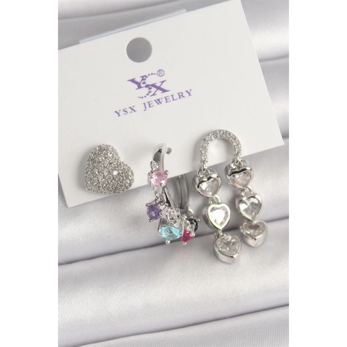 Pirinç Gümüş Renk Zirkon Taşlı Kalp Figür Renkli Taş Detay 3Lü Kadın Kombin Küpe