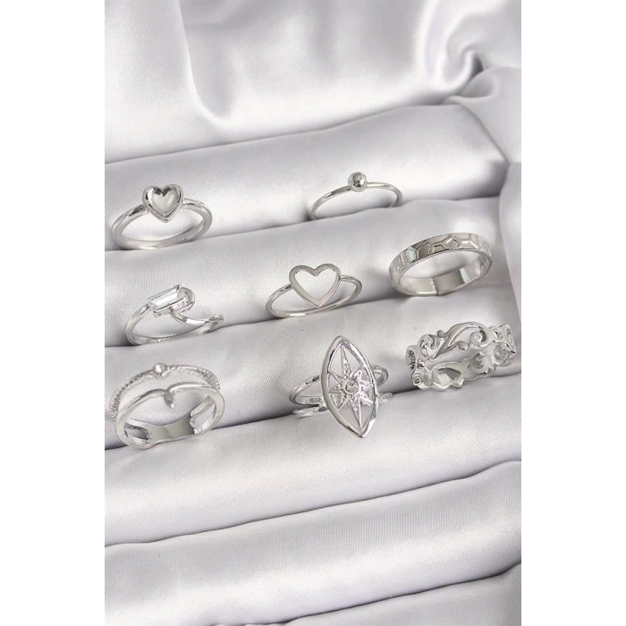Pirinç Gümüş Renk Zirkon Taşlı Kalp Kutup Yıldız Figür Kadın Yüzük Kombini