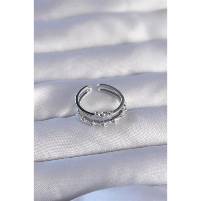 Pirinç Gümüş Renk Zirkon Taşlı Kalpli 2li Görünüm Ayarlanabilir Yüzük